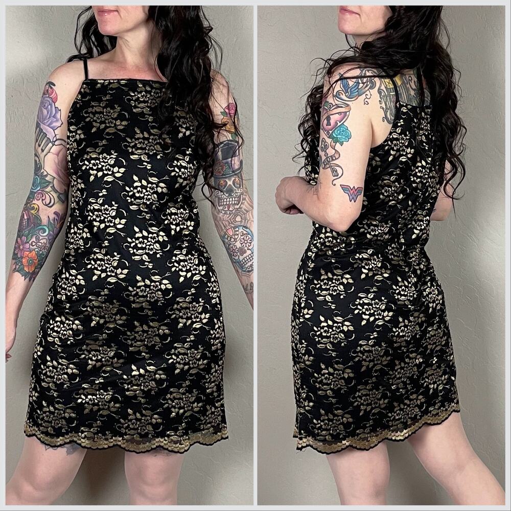 Vintage 1990s Black and Gold Lace Sheath Minidress - Picture 4 of 8